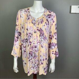 J. Jill top Medium peasant floral pleated peach pink purple gauzy summer blouse